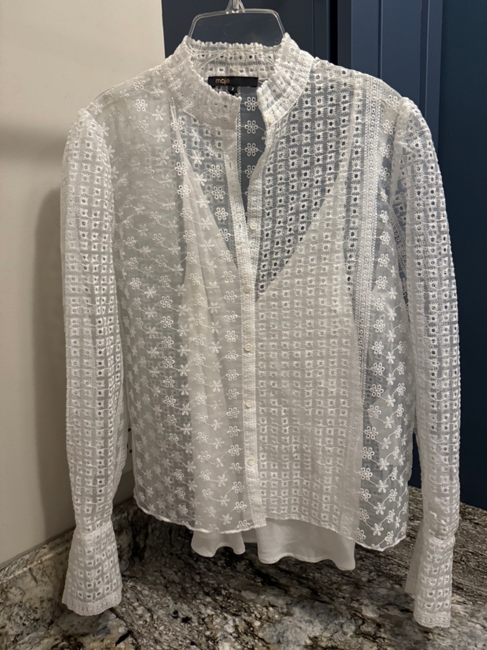 Maje White Eyelet Embroidered Stand-Collar Blouse